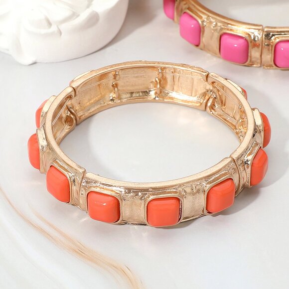 Baroque Vibe Gold Stretch Bangle Bracelets with Colorful Geometric Stones NEW - Picture 11 of 16